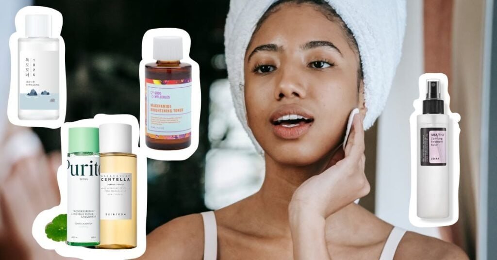 best toners for skin types a woman applying a toner to her face
