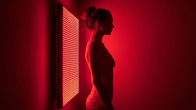 a woman using red light therapy panel