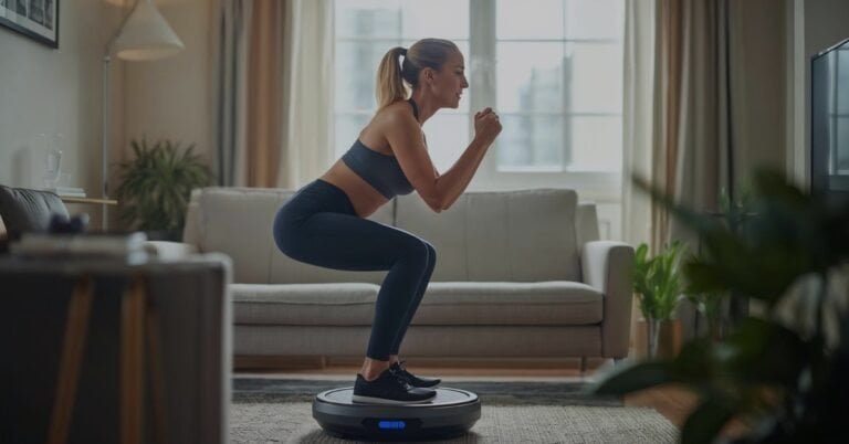 Woman exercising on a vibration plate.