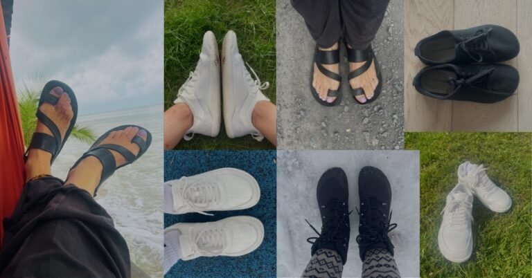 Various barefoot footwear on different surfaces.