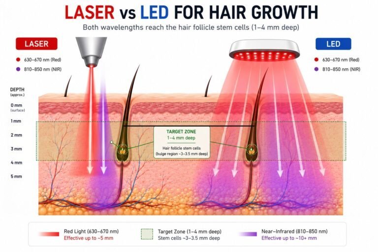 laser vs led for hair growth explained showing hair follicle and how deep the red light penetrates