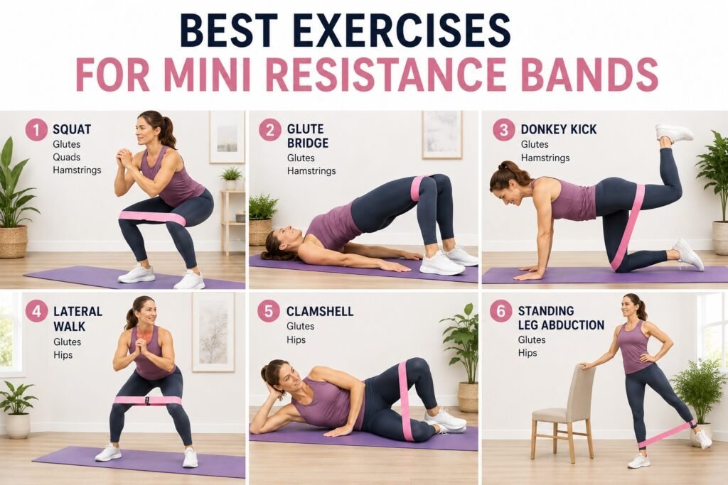 exercises for mini resistance bands showing 6 exersises