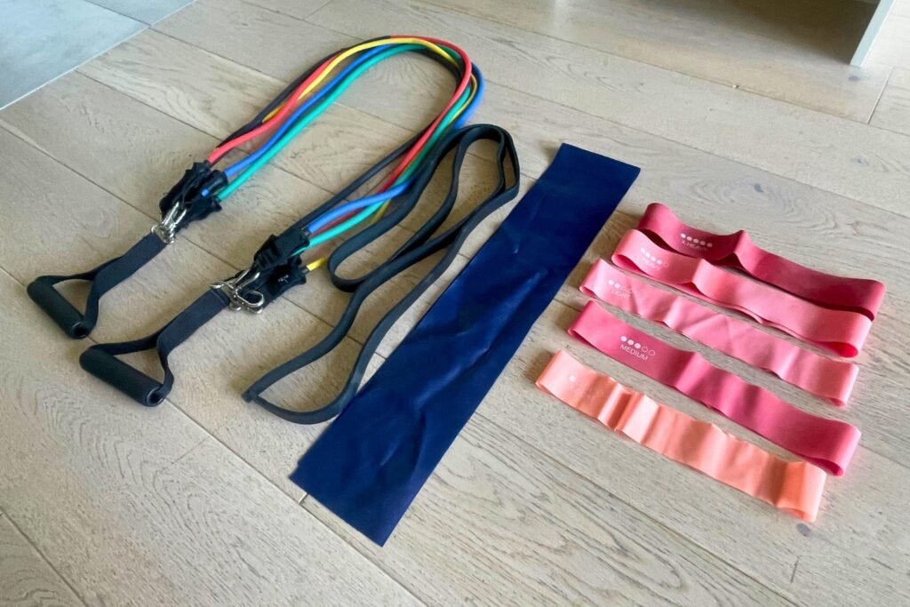 my personal resistance band collection to strength train after my 40s