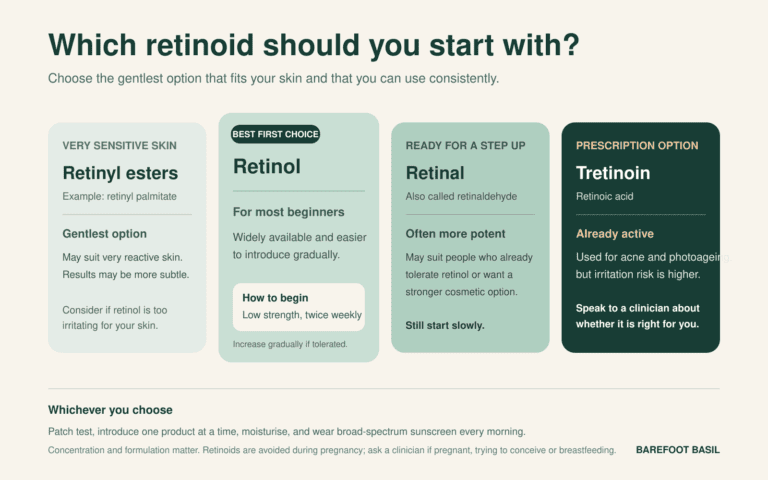 Beginner guide comparing retinyl esters, retinol, retinal and tretinoin
